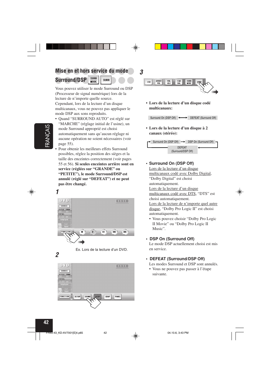 Français, Mise en et hors service du mode, Surround/dsp | JVC KD-AV7001 User Manual | Page 222 / 363