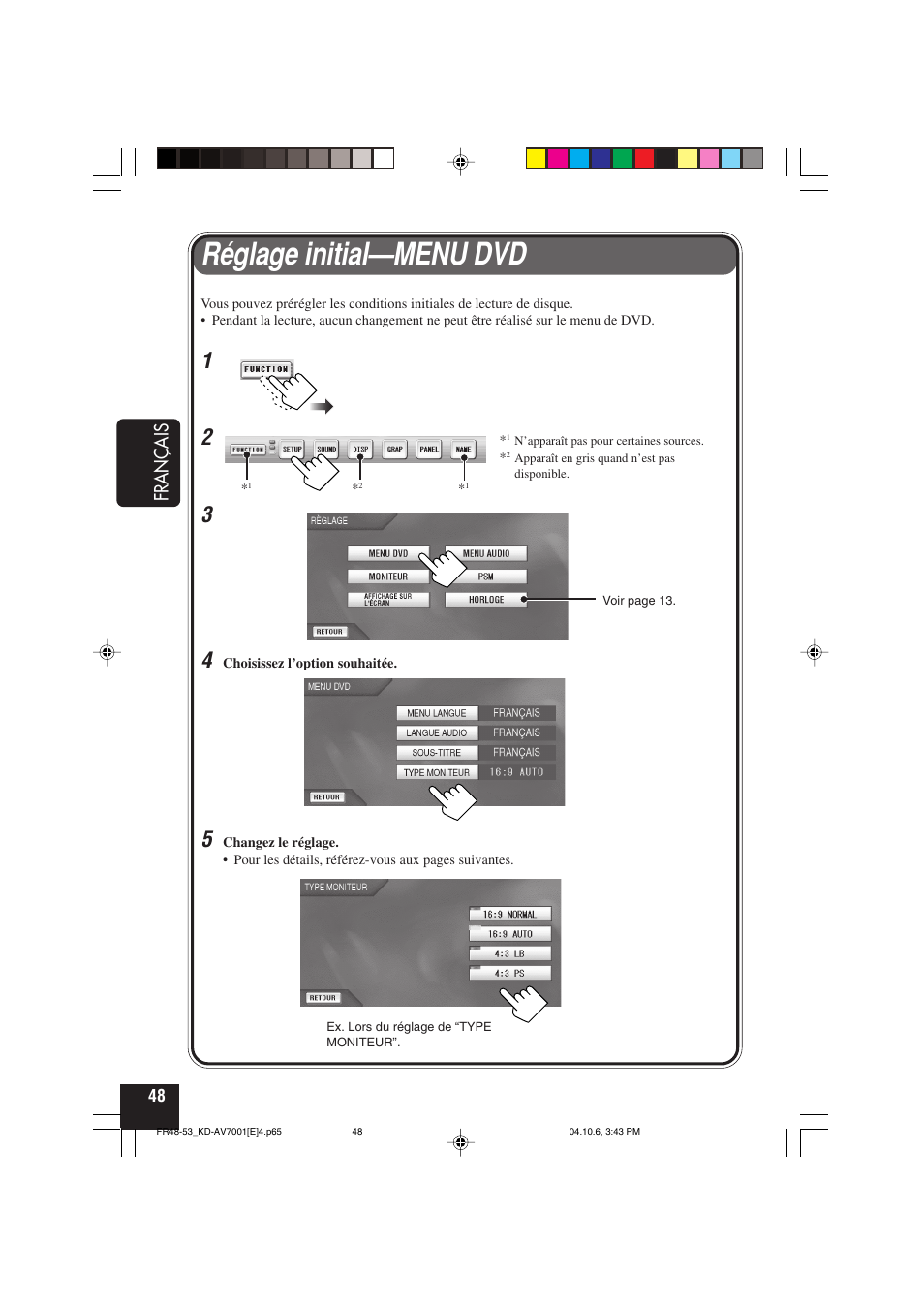 Réglage initial—menu dvd, Français | JVC KD-AV7001 User Manual | Page 228 / 363