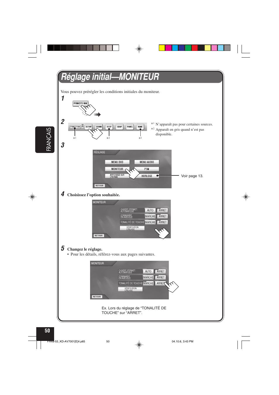 Réglage initial—moniteur, Français | JVC KD-AV7001 User Manual | Page 230 / 363