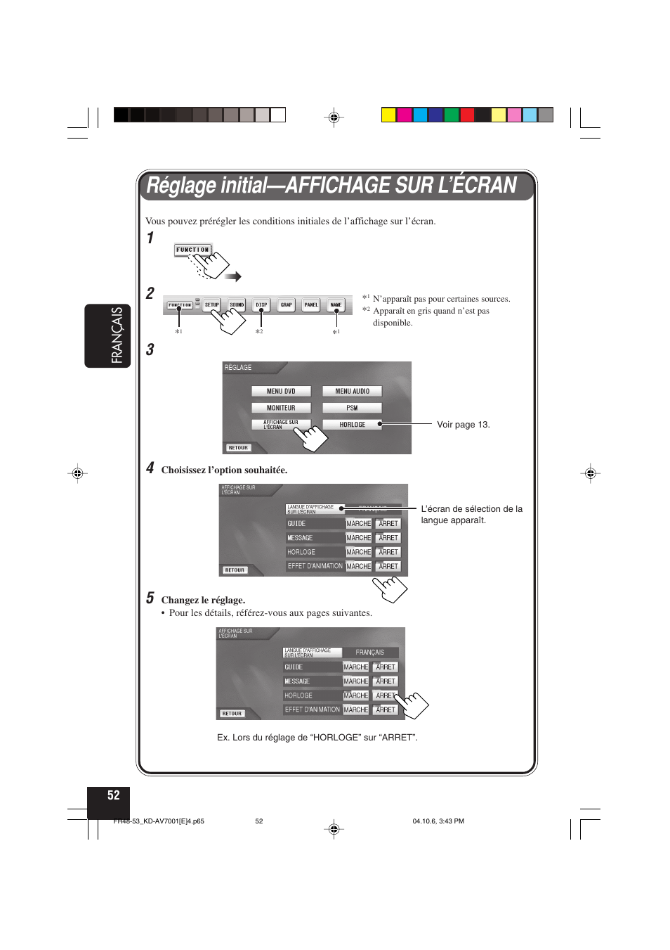 Réglage initial—affichage sur l’écran, Français | JVC KD-AV7001 User Manual | Page 232 / 363