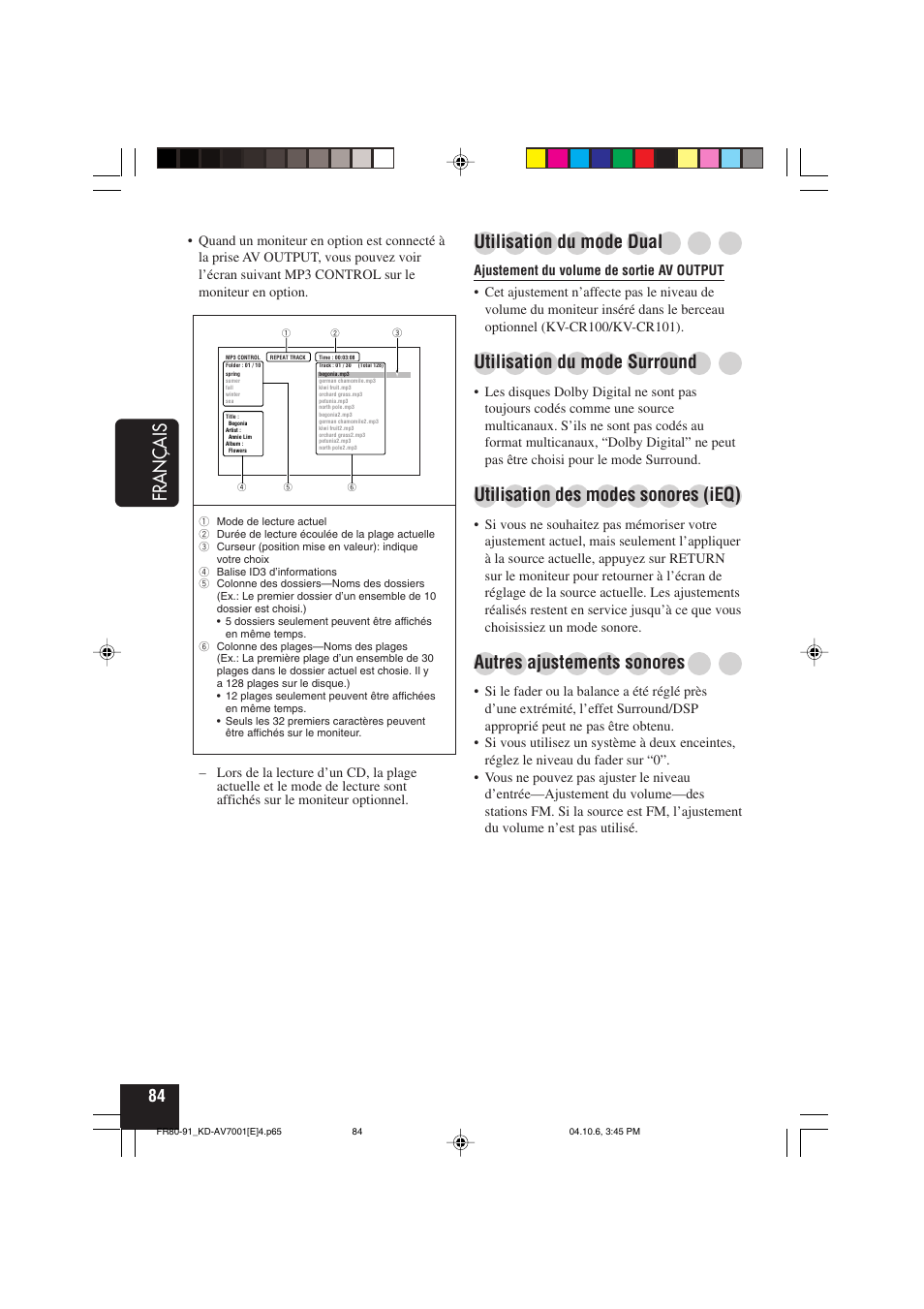 Français, Utilisation du mode dual, Utilisation du mode surround | Utilisation des modes sonores (ieq), Autres ajustements sonores | JVC KD-AV7001 User Manual | Page 264 / 363