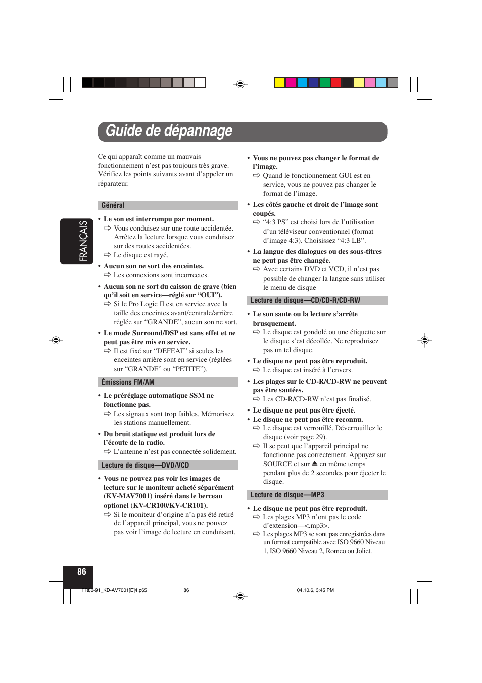 Guide de dépannage, Français | JVC KD-AV7001 User Manual | Page 266 / 363