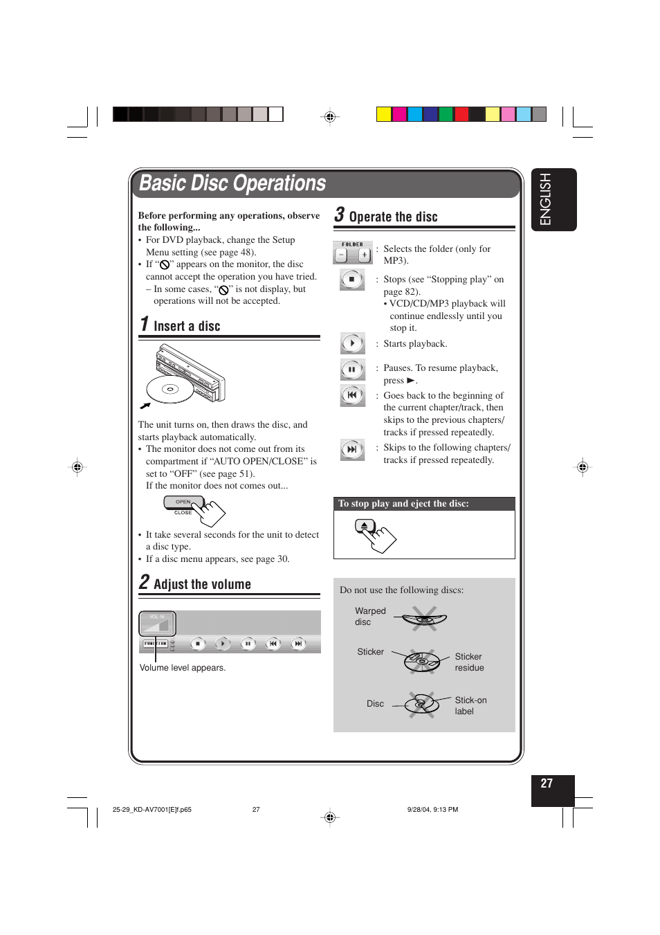 Basic disc operations, English, Insert a disc | Adjust the volume, Operate the disc | JVC KD-AV7001 User Manual | Page 27 / 363