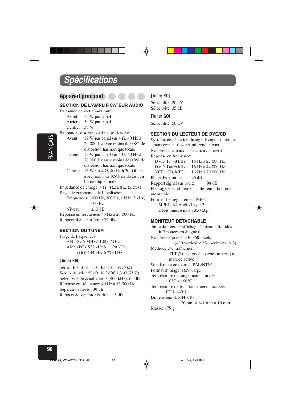 Spécifications, Français, Appareil principal | JVC KD-AV7001 User Manual | Page 270 / 363