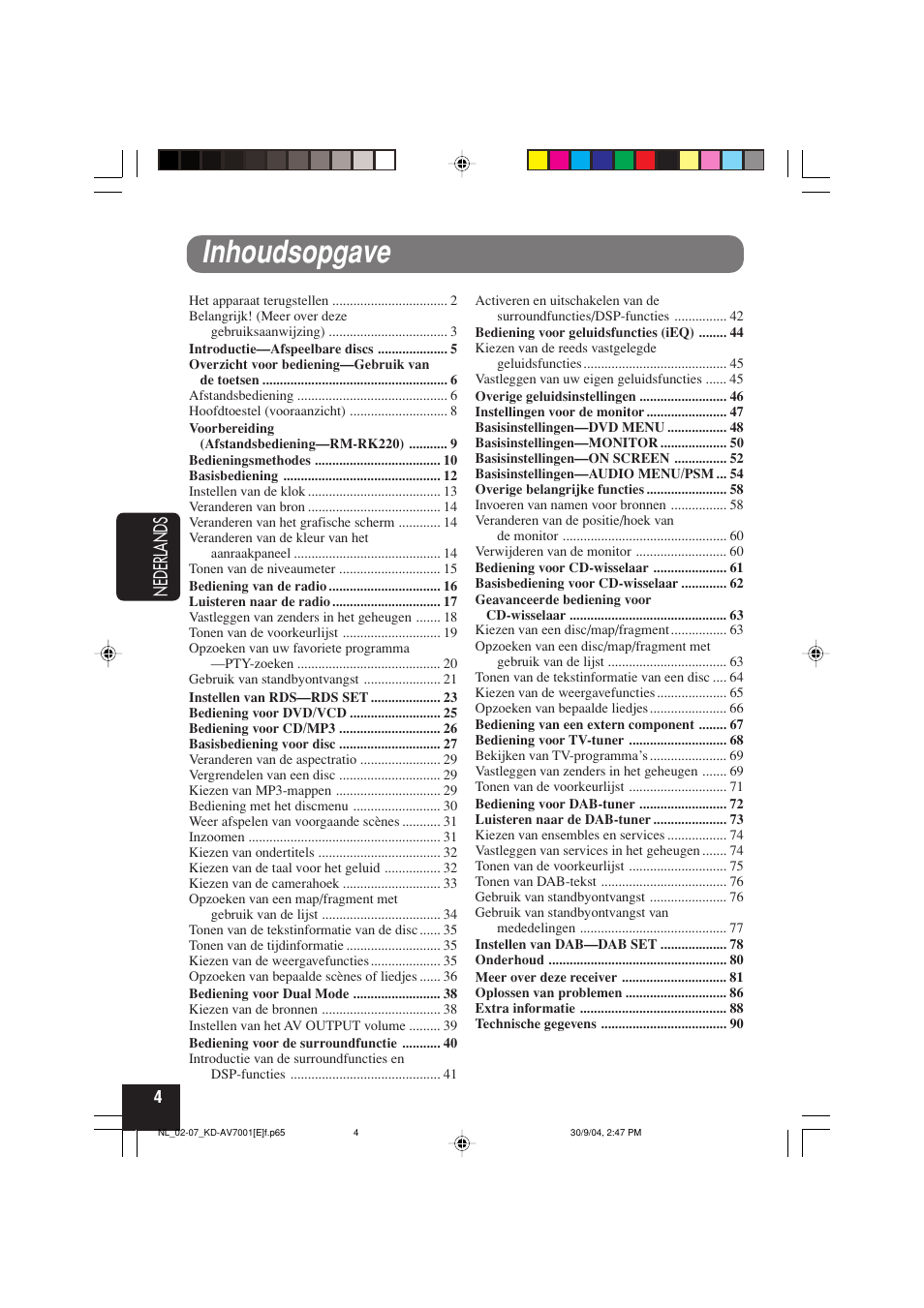 Inhoudsopgave, Nederlands | JVC KD-AV7001 User Manual | Page 274 / 363