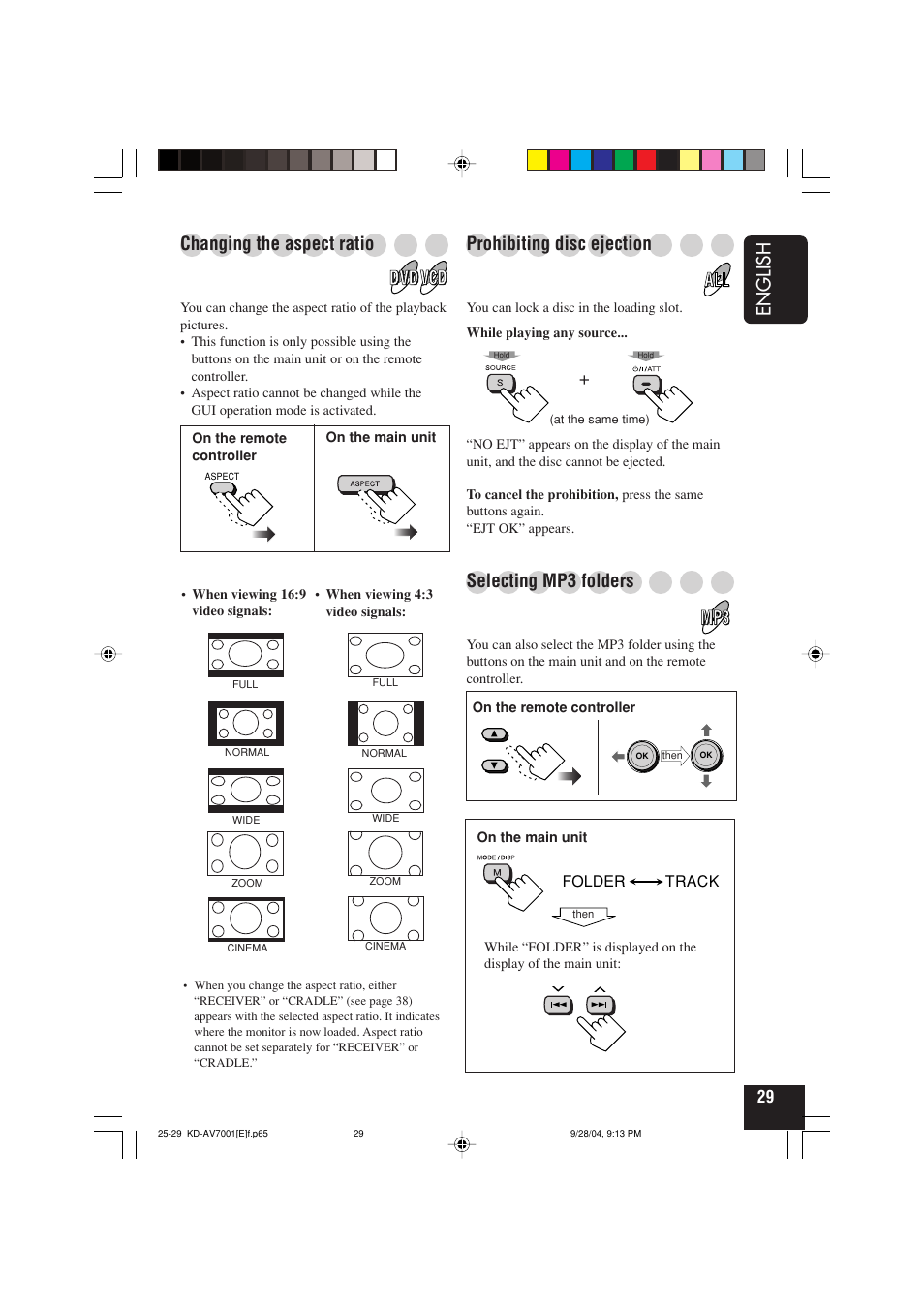 English, Changing the aspect ratio, Prohibiting disc ejection | Selecting mp3 folders | JVC KD-AV7001 User Manual | Page 29 / 363