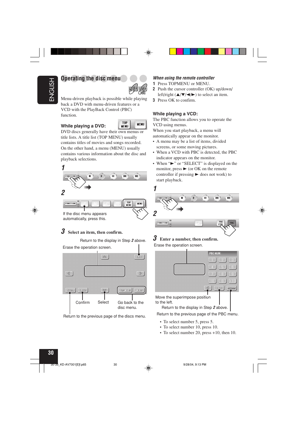 English, Operating the disc menu | JVC KD-AV7001 User Manual | Page 30 / 363