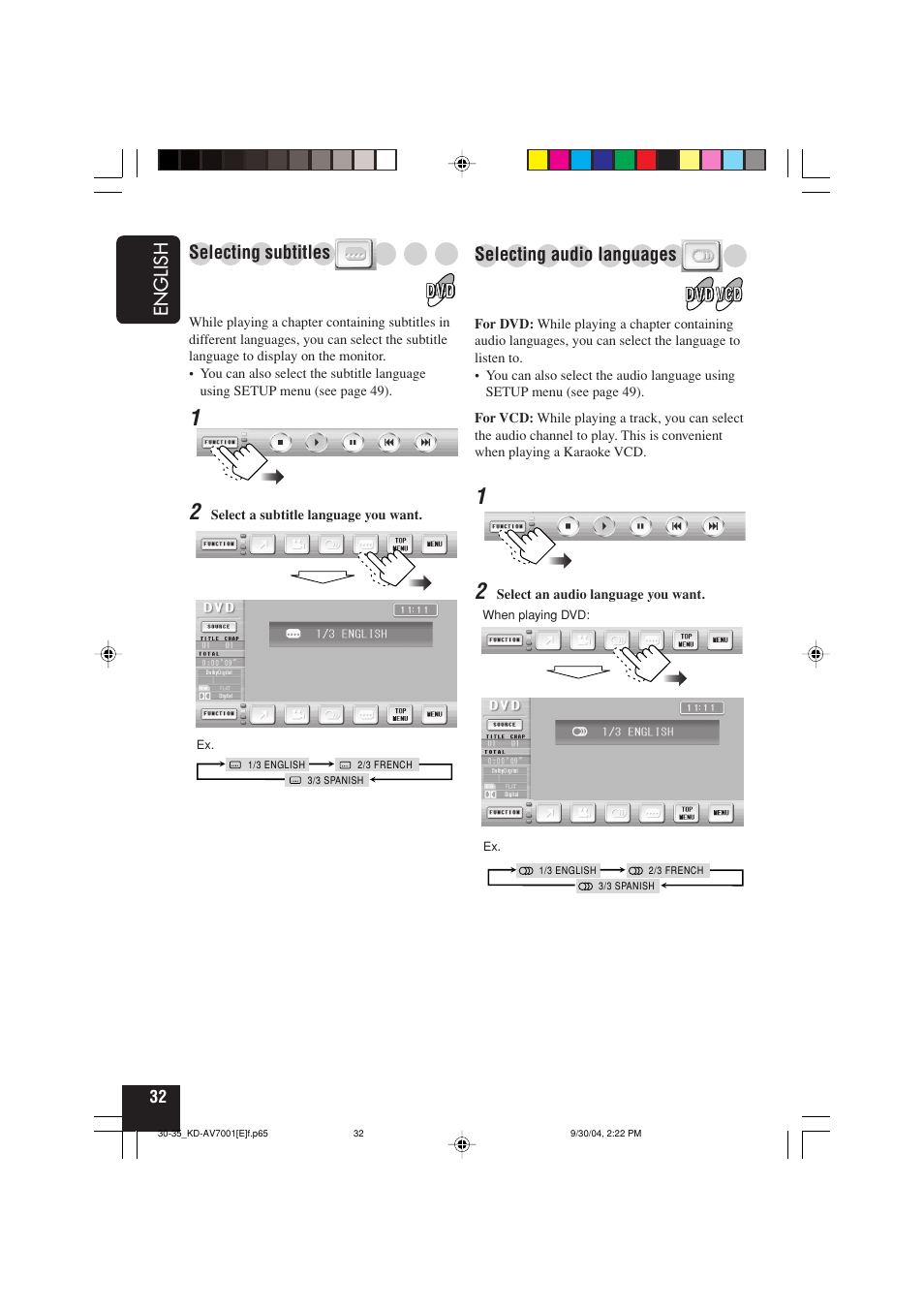 English, Selecting audio languages, Selecting subtitles | JVC KD-AV7001 User Manual | Page 32 / 363