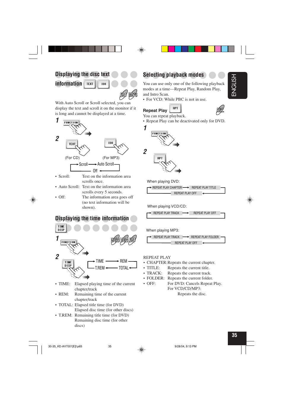 English, Displaying the disc text, Information | Displaying the time information, Selecting playback modes | JVC KD-AV7001 User Manual | Page 35 / 363