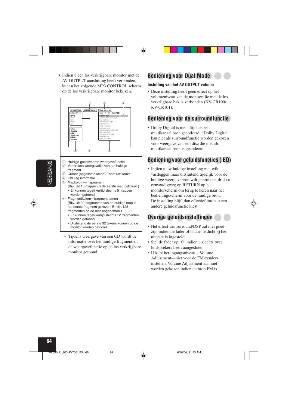 Nederlands, Bediening voor dual mode, Bediening voor de surroundfunctie | Bediening voor geluidsfuncties (ieq), Overige geluidsinstellingen | JVC KD-AV7001 User Manual | Page 354 / 363