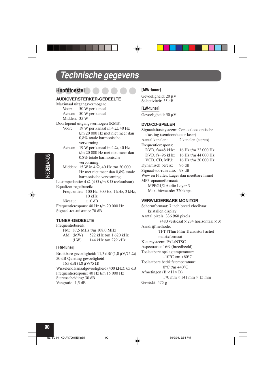 Technische gegevens, Nederlands, Hoofdtoestel | JVC KD-AV7001 User Manual | Page 360 / 363