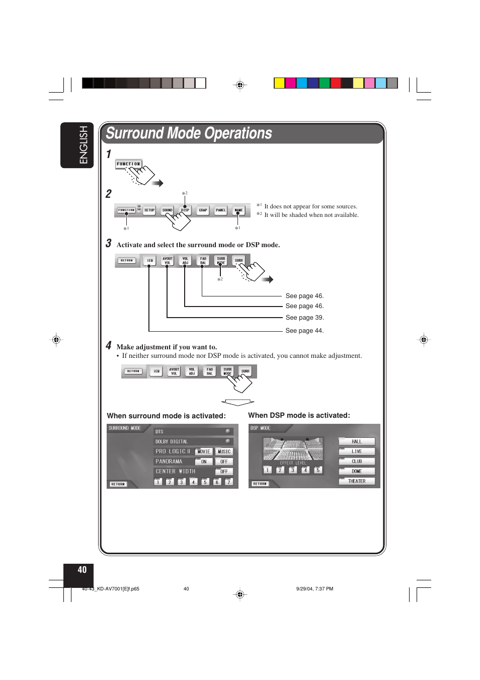 Surround mode operations, English | JVC KD-AV7001 User Manual | Page 40 / 363