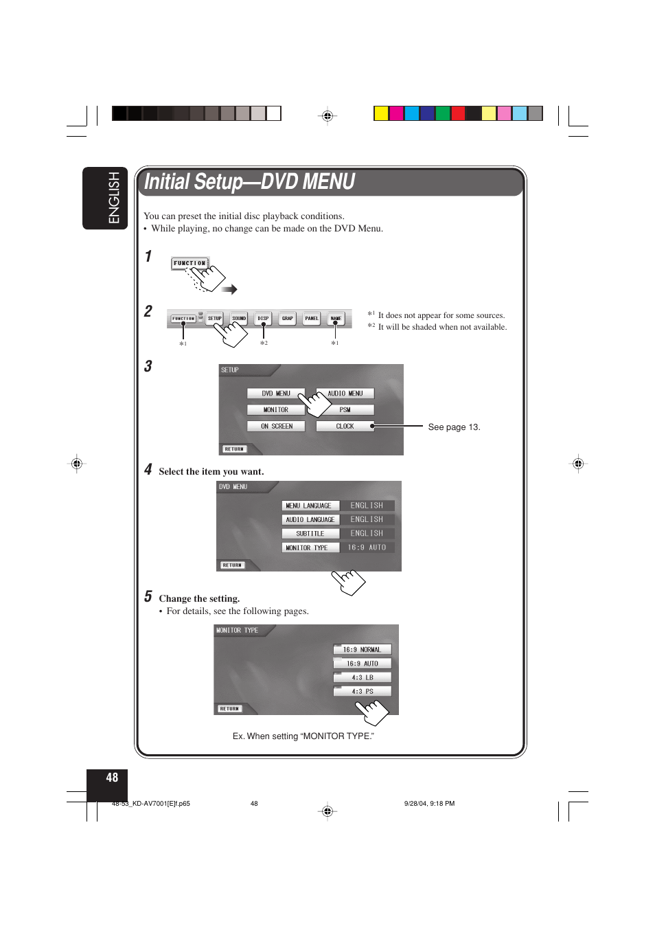 Initial setup—dvd menu, English | JVC KD-AV7001 User Manual | Page 48 / 363