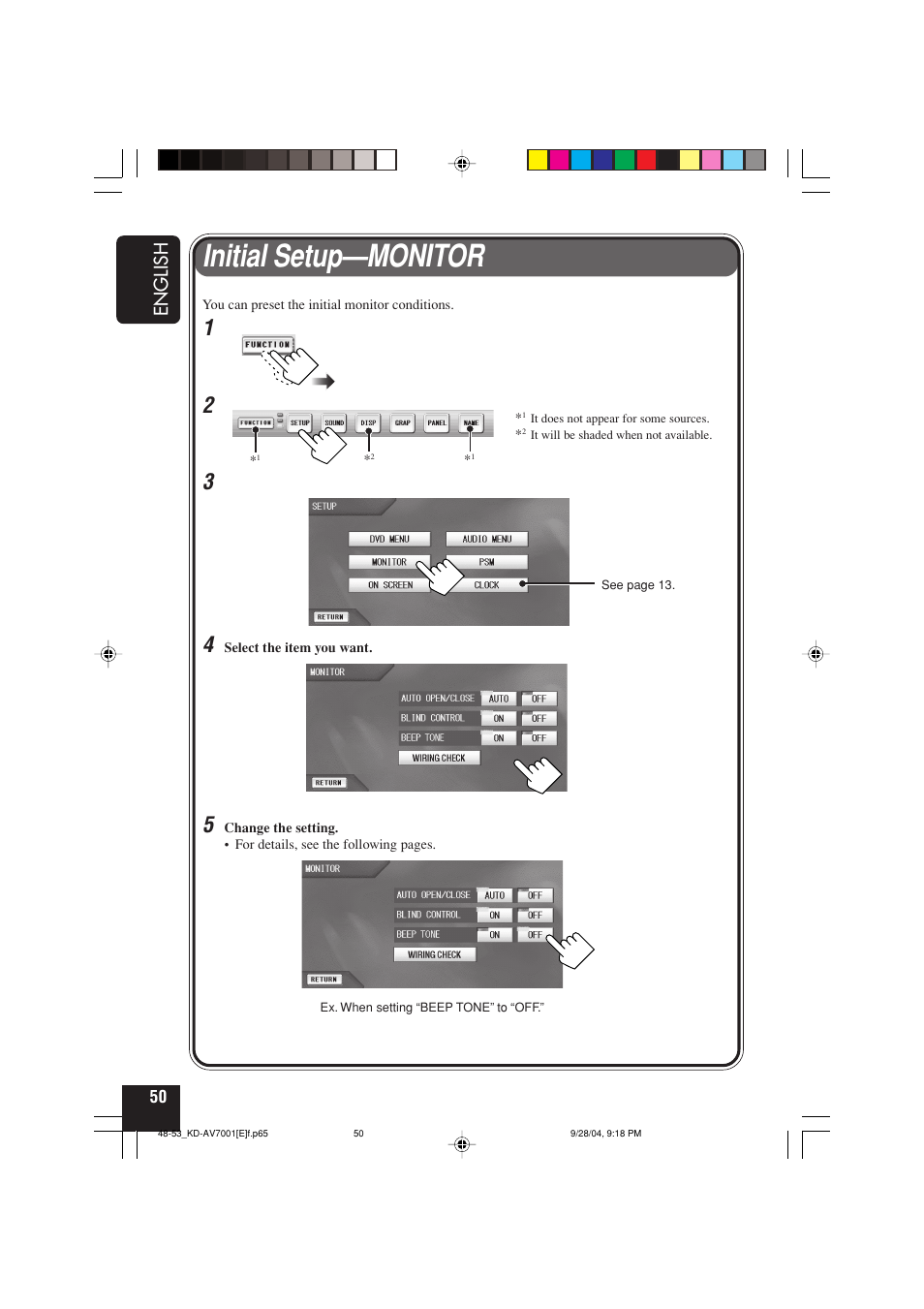 Initial setup—monitor, English | JVC KD-AV7001 User Manual | Page 50 / 363