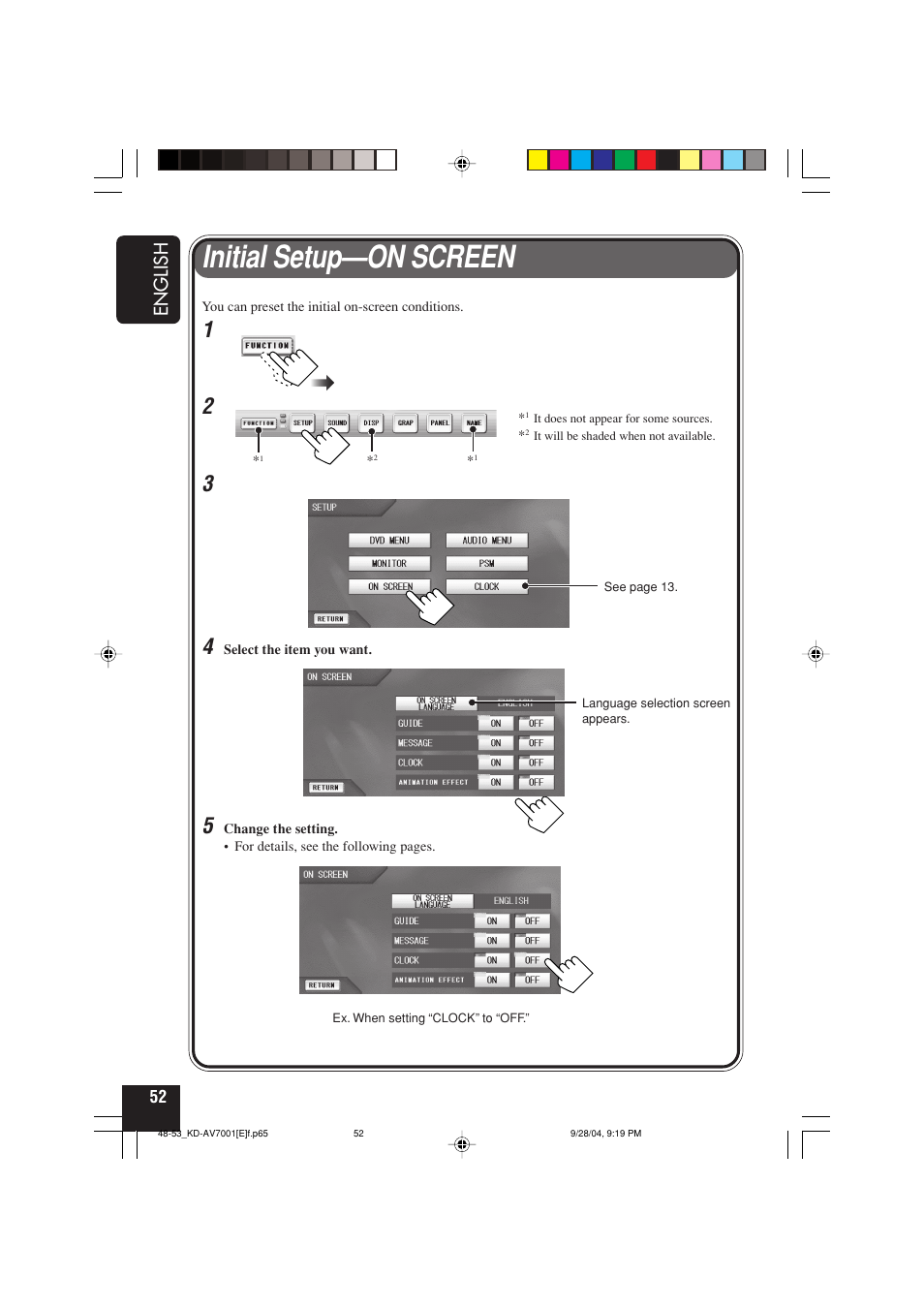 Initial setup—on screen, English | JVC KD-AV7001 User Manual | Page 52 / 363