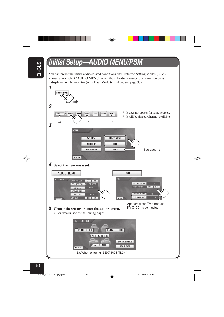 Initial setup—audio menu/psm, English | JVC KD-AV7001 User Manual | Page 54 / 363
