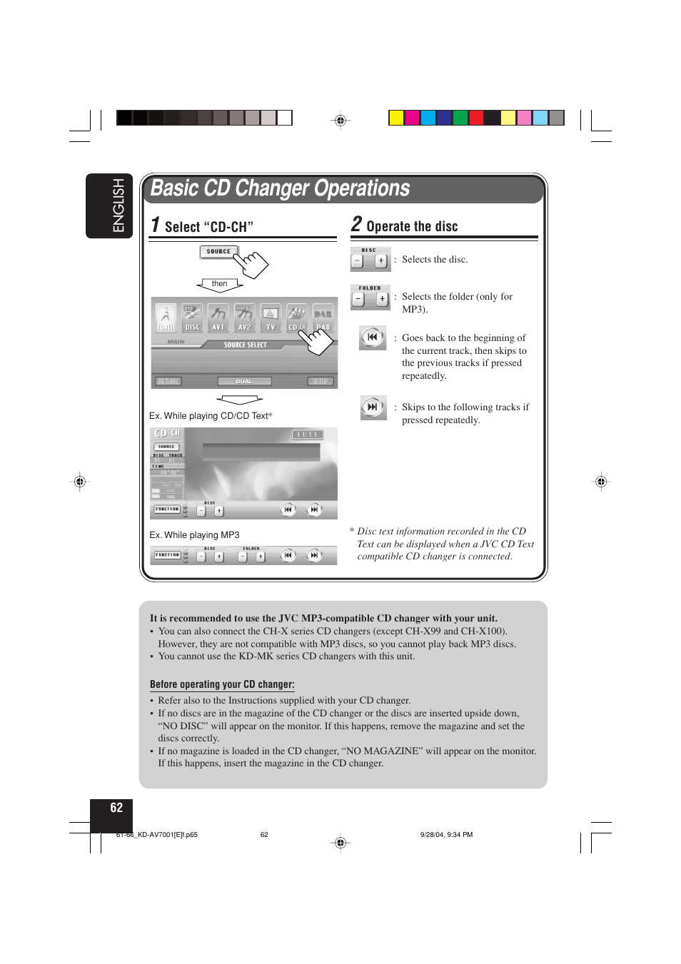 Basic cd changer operations, English, Select “cd-ch | Operate the disc | JVC KD-AV7001 User Manual | Page 62 / 363