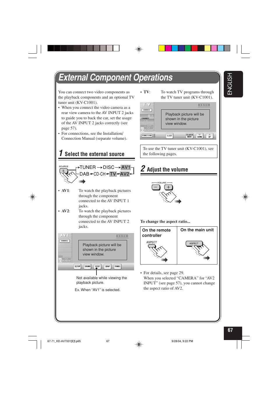 External component operations, English, Adjust the volume | Select the external source | JVC KD-AV7001 User Manual | Page 67 / 363