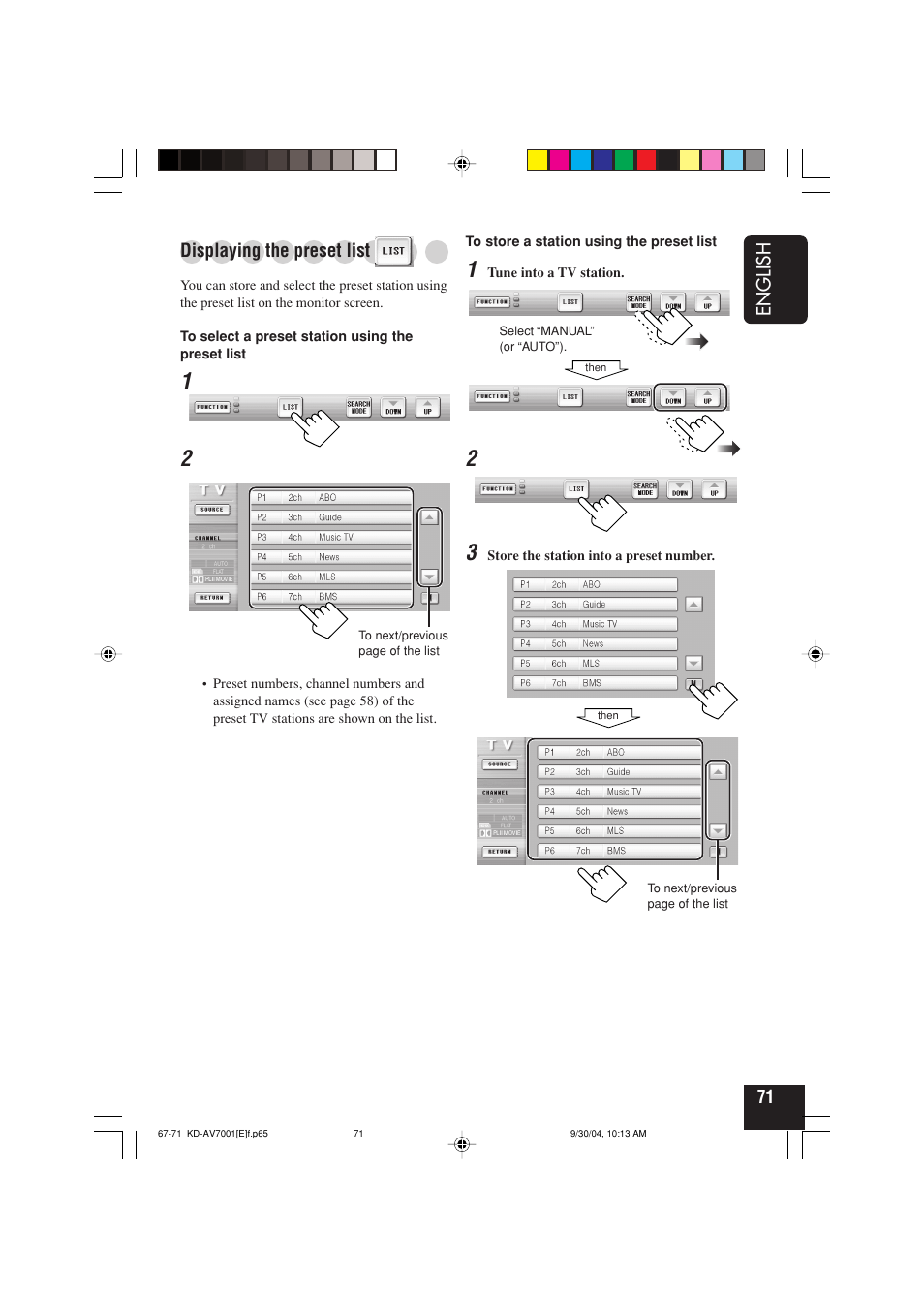 English, Displaying the preset list | JVC KD-AV7001 User Manual | Page 71 / 363