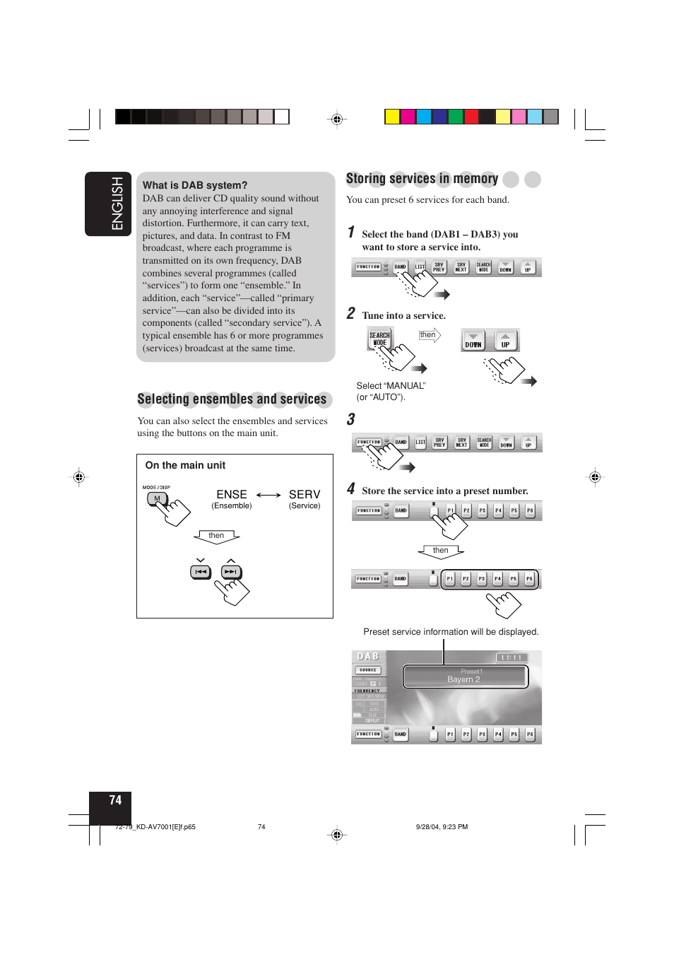 English, Selecting ensembles and services | JVC KD-AV7001 User Manual | Page 74 / 363