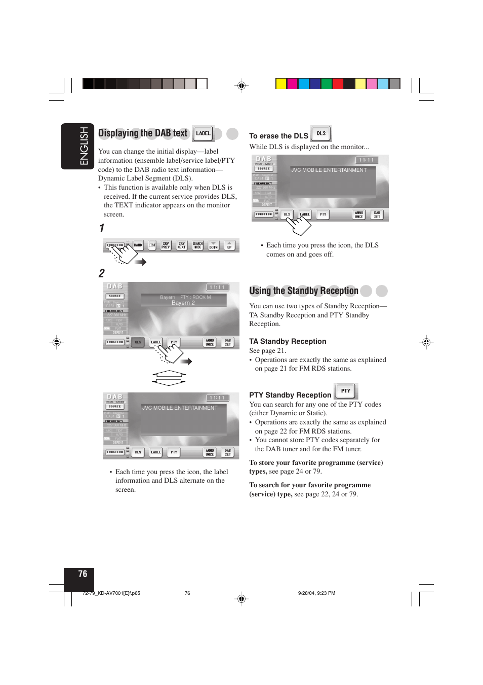 English, Using the standby reception, Displaying the dab text | JVC KD-AV7001 User Manual | Page 76 / 363