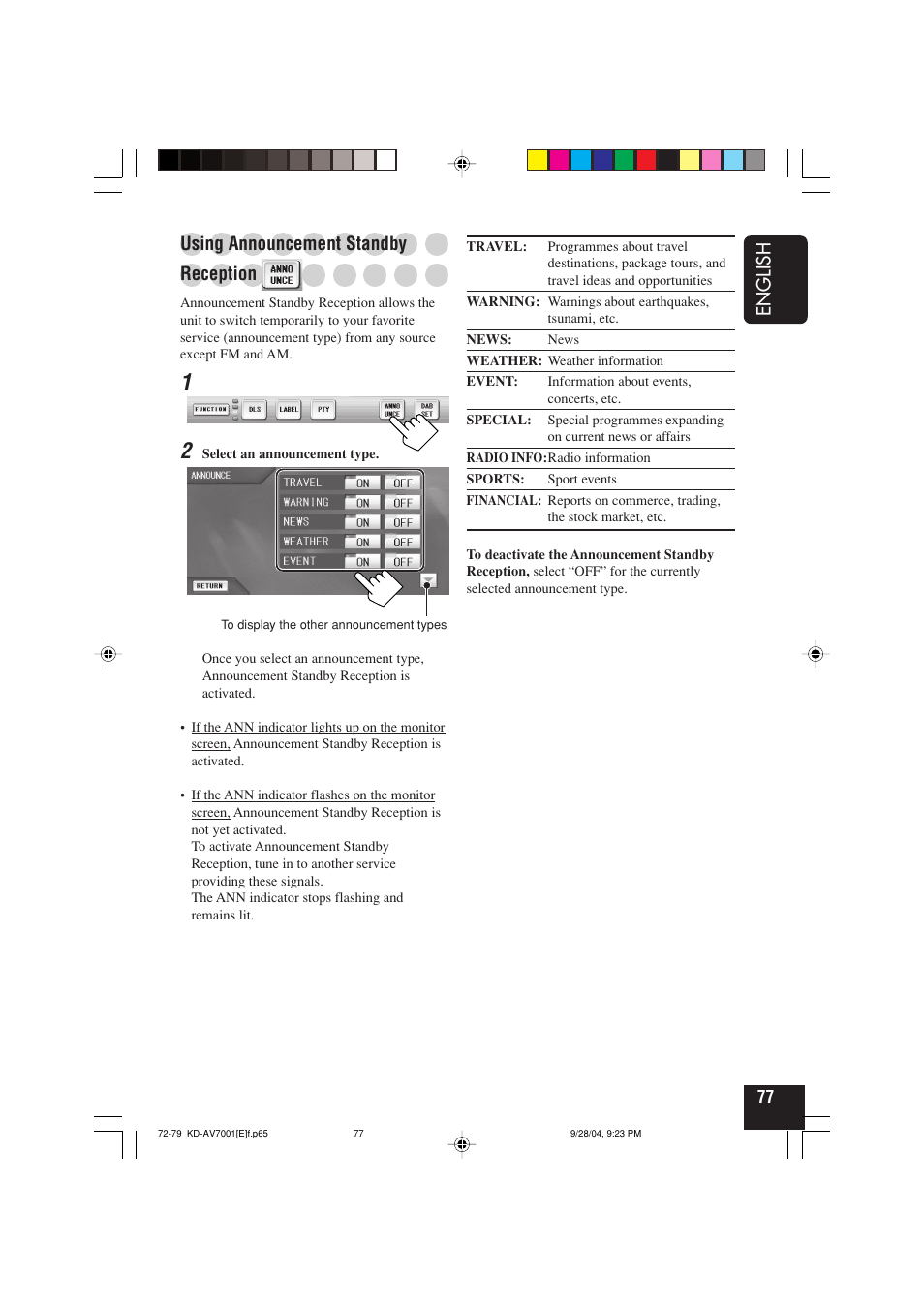 English, Using announcement standby, Reception | JVC KD-AV7001 User Manual | Page 77 / 363