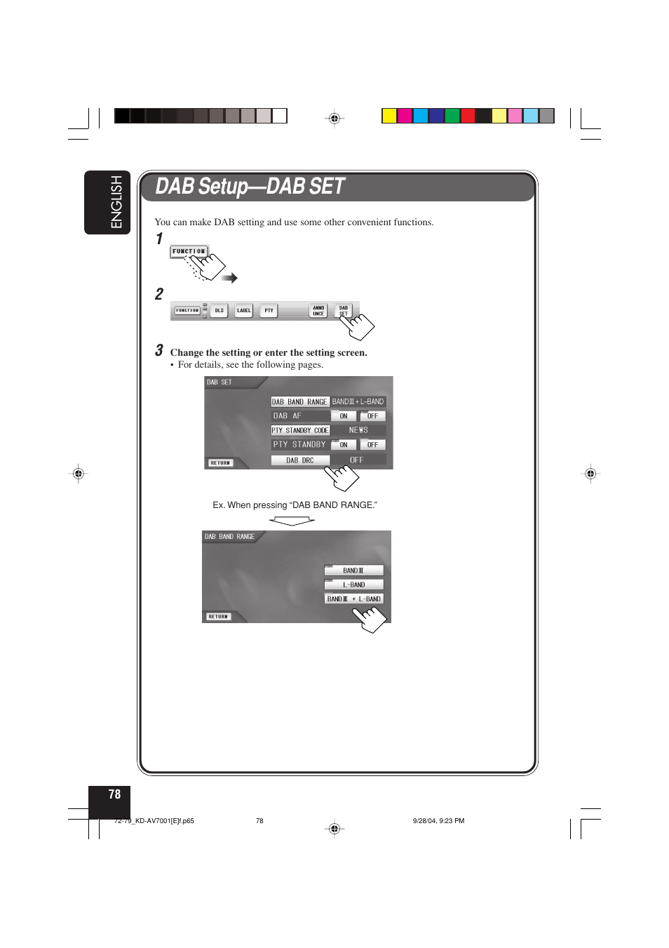 Dab setup—dab set | JVC KD-AV7001 User Manual | Page 78 / 363