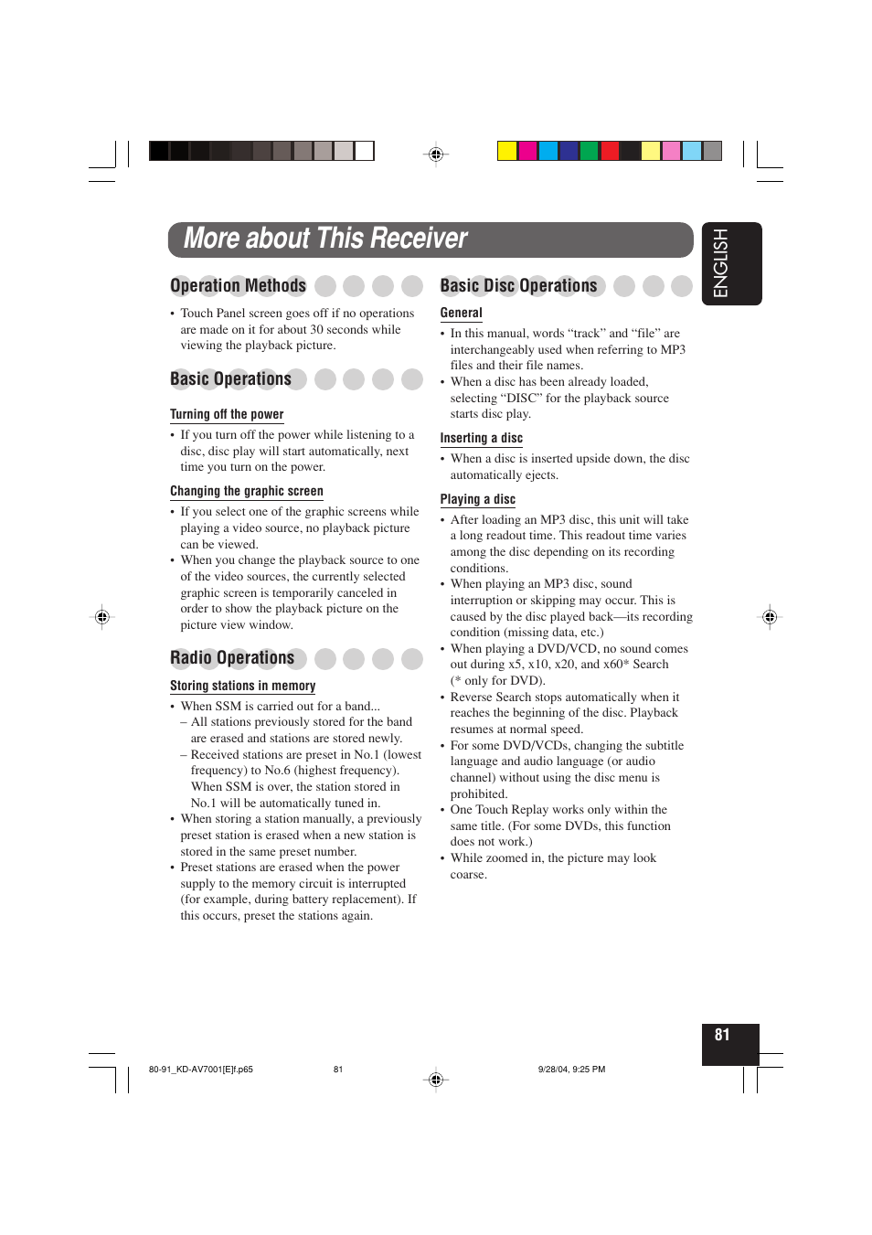 More about this receiver, English, Operation methods | Basic operations, Radio operations, Basic disc operations | JVC KD-AV7001 User Manual | Page 81 / 363