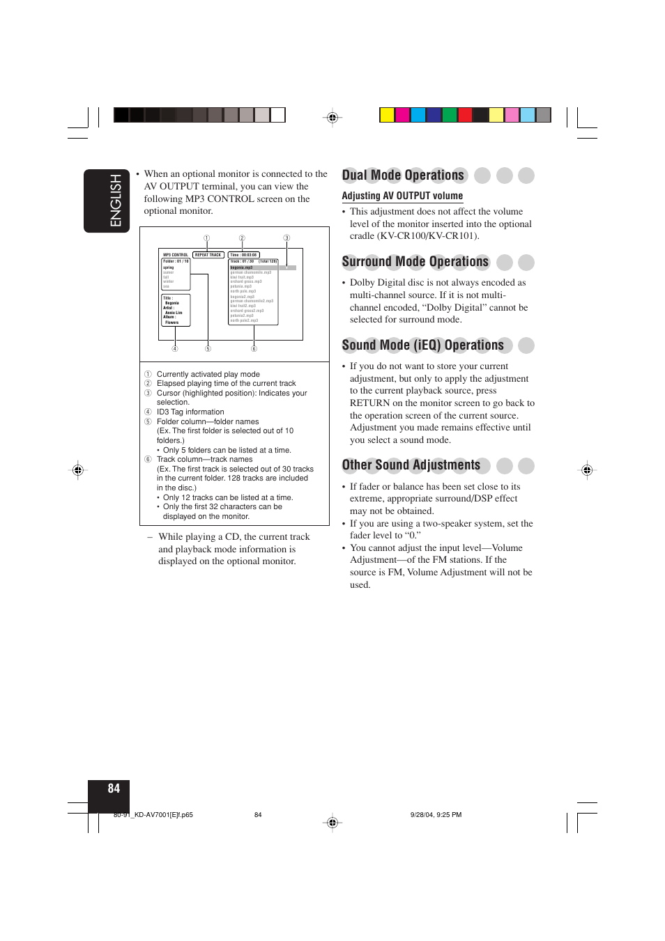 English, Dual mode operations, Surround mode operations | Sound mode (ieq) operations, Other sound adjustments | JVC KD-AV7001 User Manual | Page 84 / 363