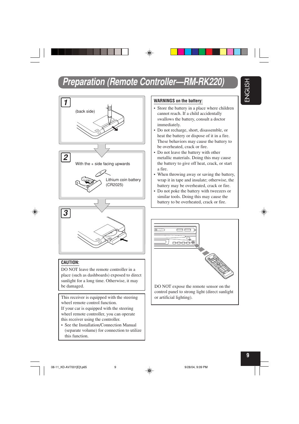 Preparation (remote controller—rm-rk220), English | JVC KD-AV7001 User Manual | Page 9 / 363