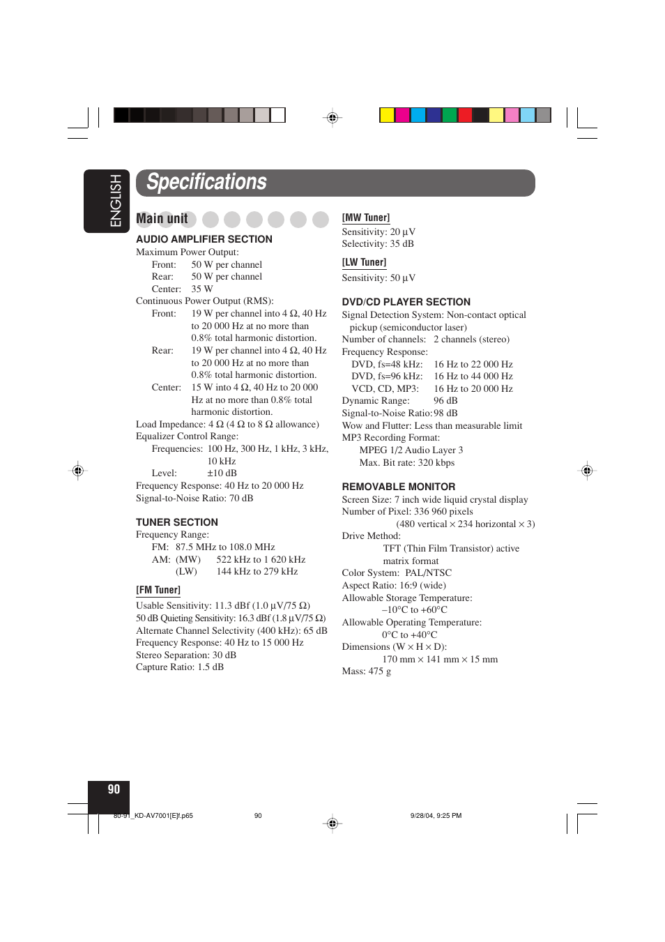 Specifications, English, Main unit | JVC KD-AV7001 User Manual | Page 90 / 363