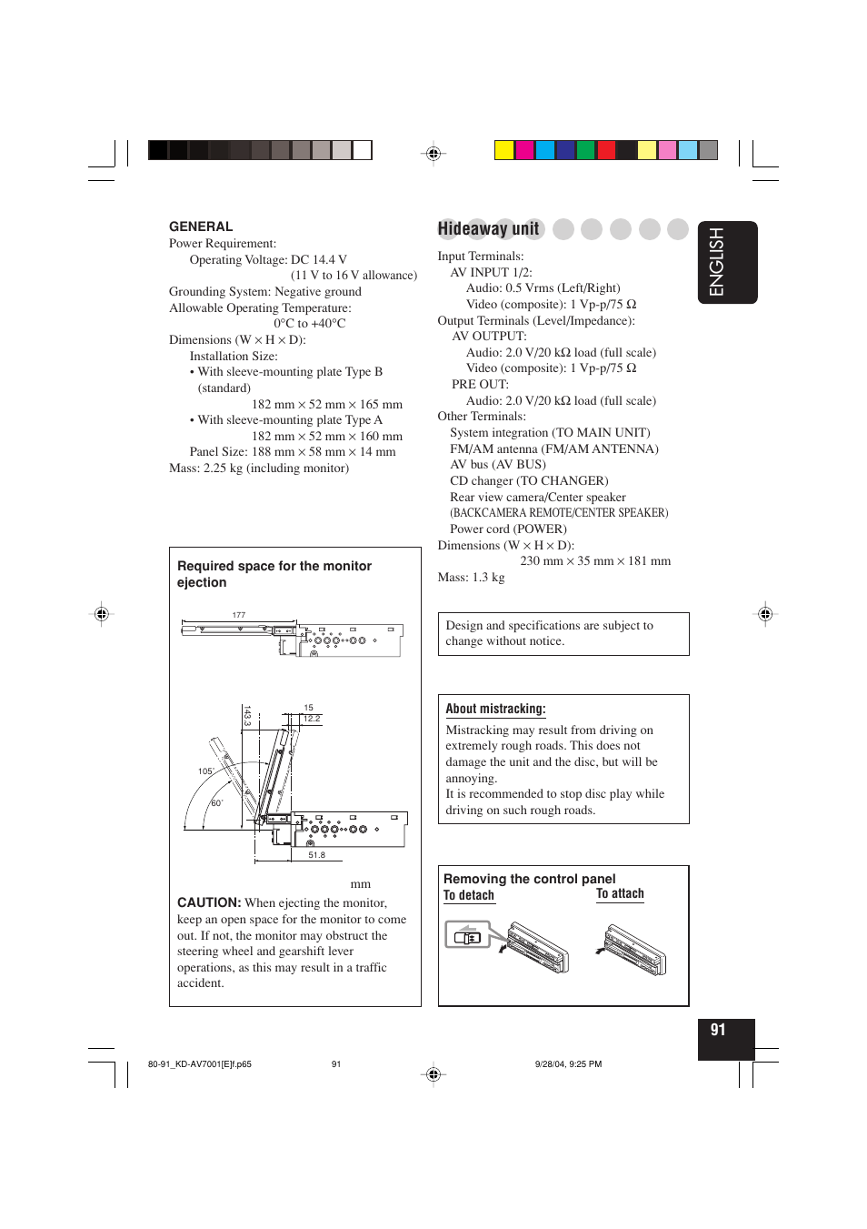 English, Hideaway unit | JVC KD-AV7001 User Manual | Page 91 / 363