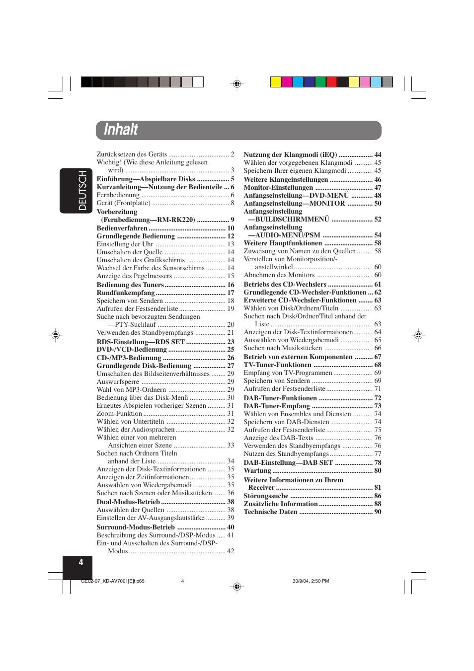 Inhalt, Deutsch | JVC KD-AV7001 User Manual | Page 94 / 363