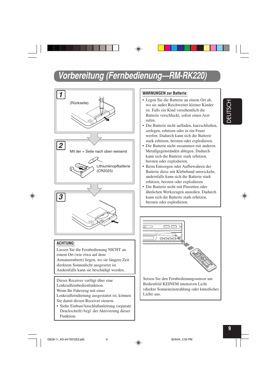 Vorbereitung (fernbedienung—rm-rk220), Deutsch | JVC KD-AV7001 User Manual | Page 99 / 363