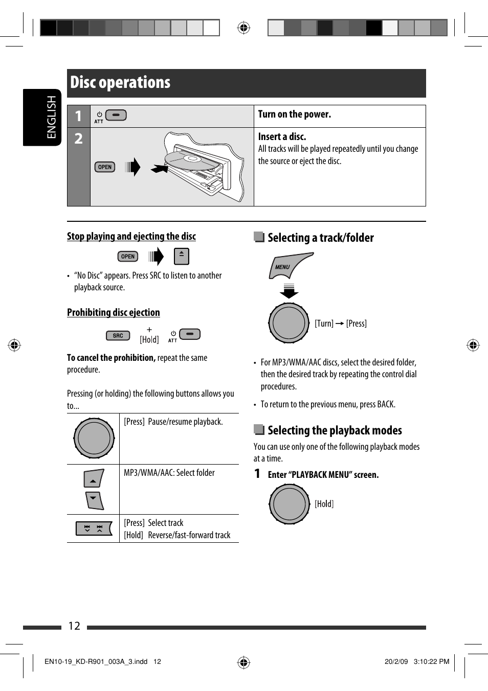 Disc operations, Selecting a track/folder, Selecting the playback modes | JVC KD-R901 User Manual | Page 12 / 185