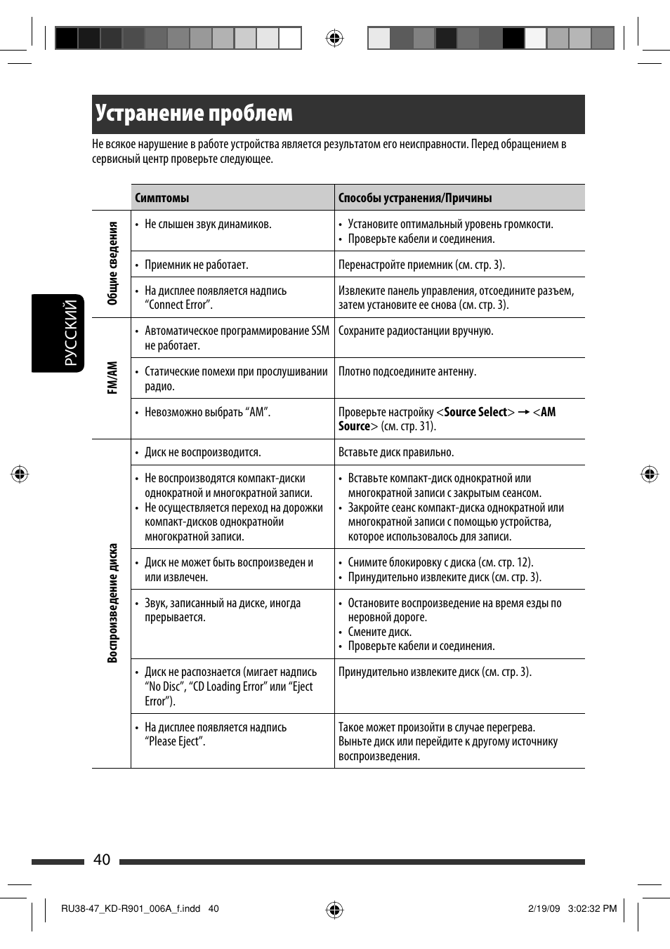 Устранение проблем, 40 руcckий | JVC KD-R901 User Manual | Page 132 / 185