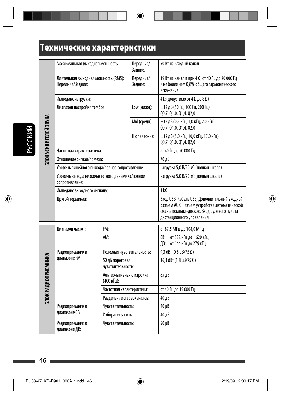 Технические характеристики, 46 руcckий | JVC KD-R901 User Manual | Page 138 / 185