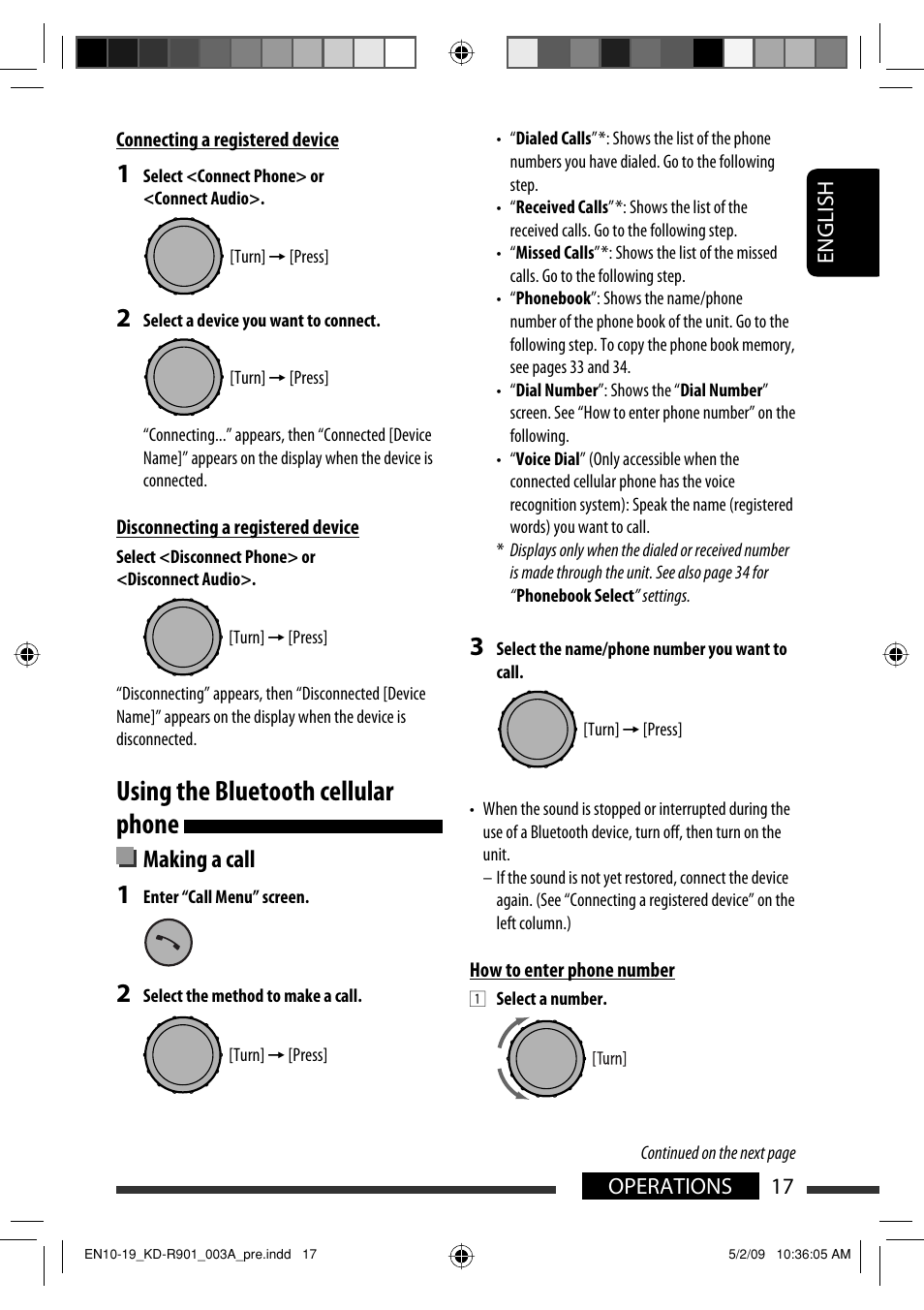 Using the bluetooth cellular phone, Making a call, English 17 operations | JVC KD-R901 User Manual | Page 17 / 185