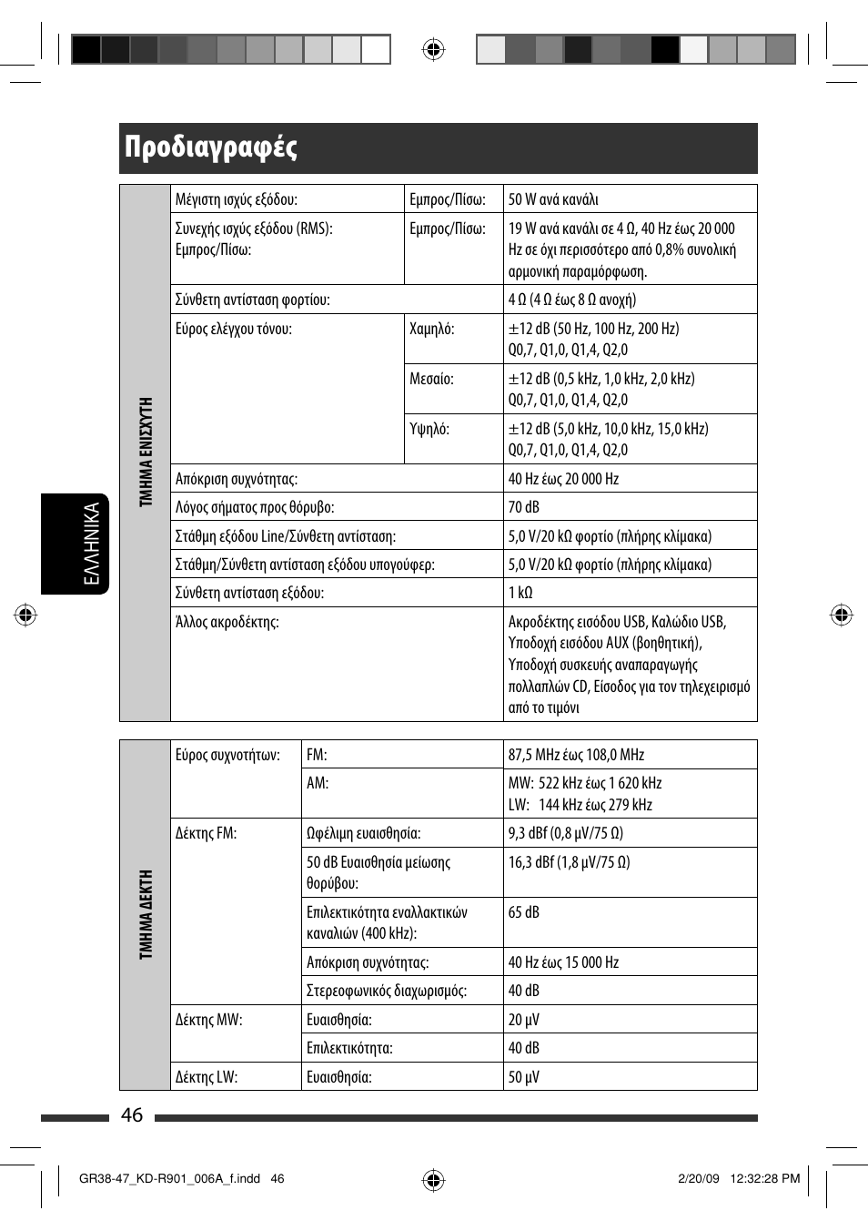 Προδιαγραφές, 46 eλλhnika | JVC KD-R901 User Manual | Page 184 / 185