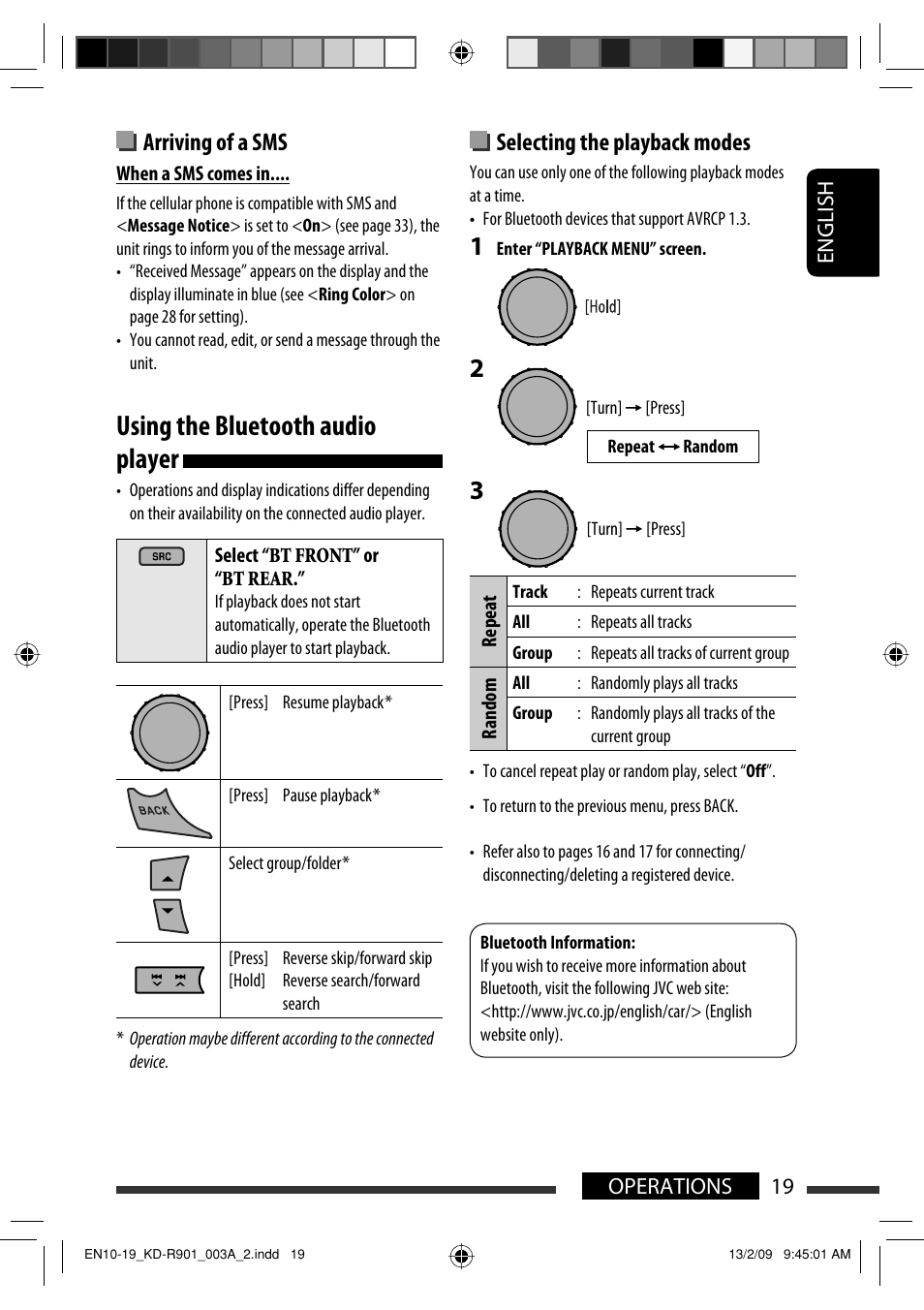 Using the bluetooth audio player, Arriving of a sms, Selecting the playback modes | English 19 operations | JVC KD-R901 User Manual | Page 19 / 185