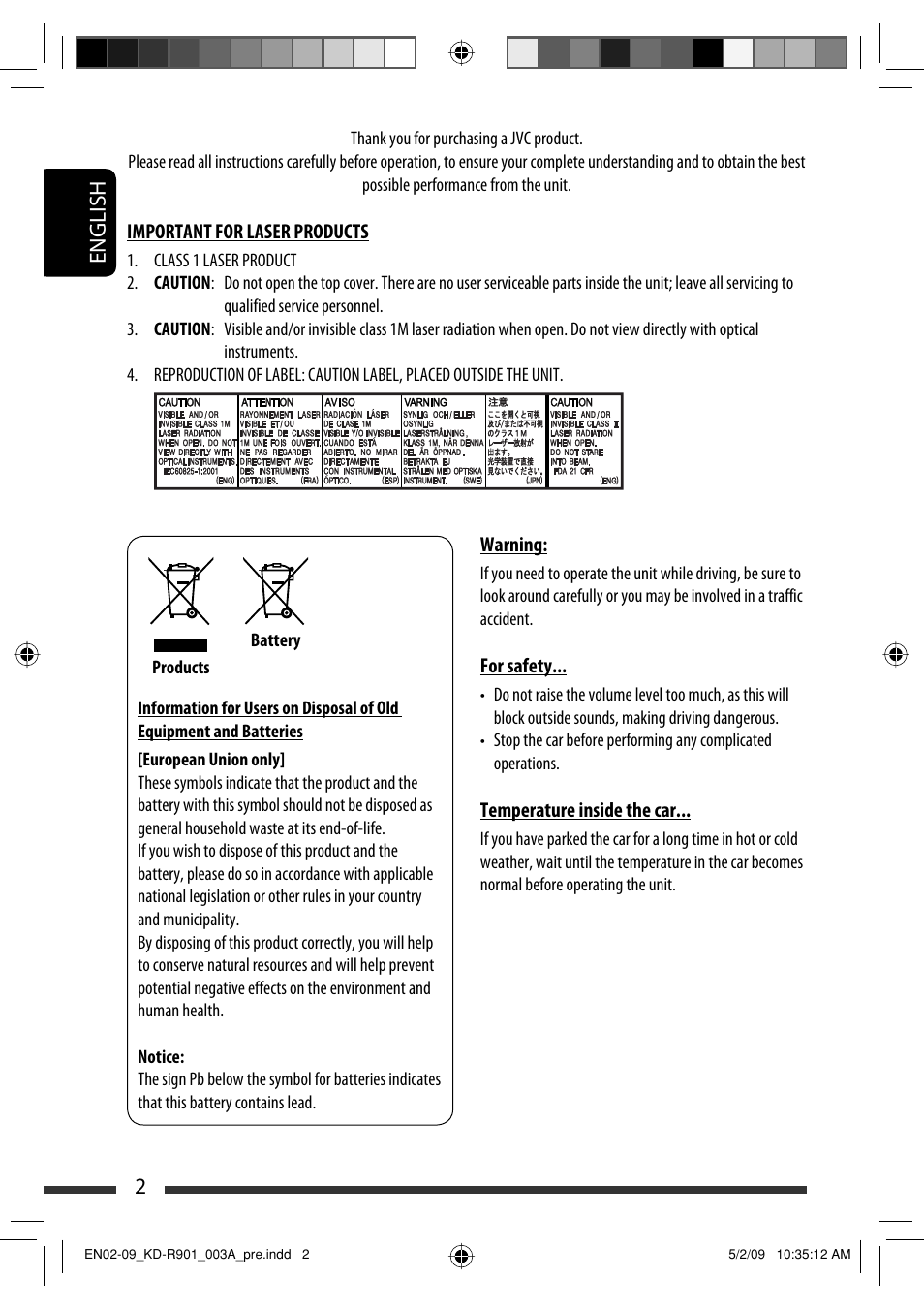 English 2 | JVC KD-R901 User Manual | Page 2 / 185