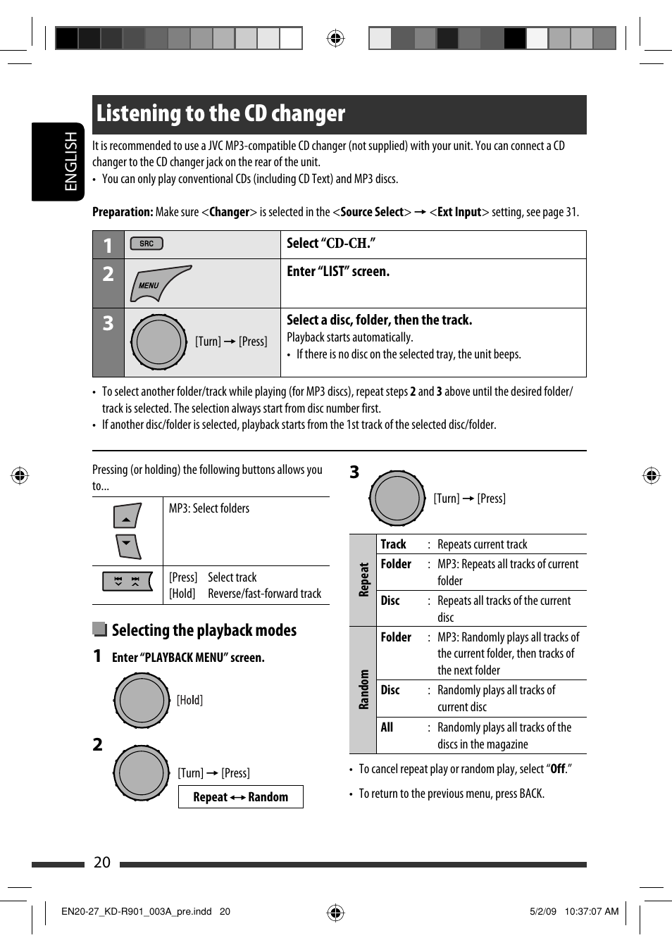 Listening to the cd changer, Selecting the playback modes | JVC KD-R901 User Manual | Page 20 / 185