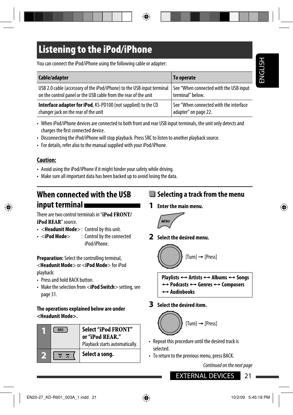 Listening to the ipod/iphone, When connected with the usb input terminal, Selecting a track from the menu | JVC KD-R901 User Manual | Page 21 / 185