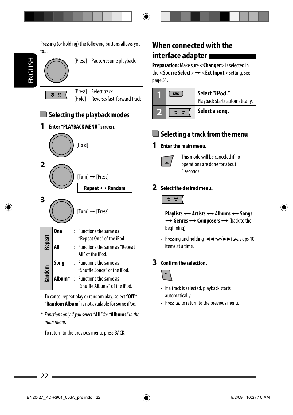 When connected with the interface adapter, Selecting the playback modes, Selecting a track from the menu | JVC KD-R901 User Manual | Page 22 / 185