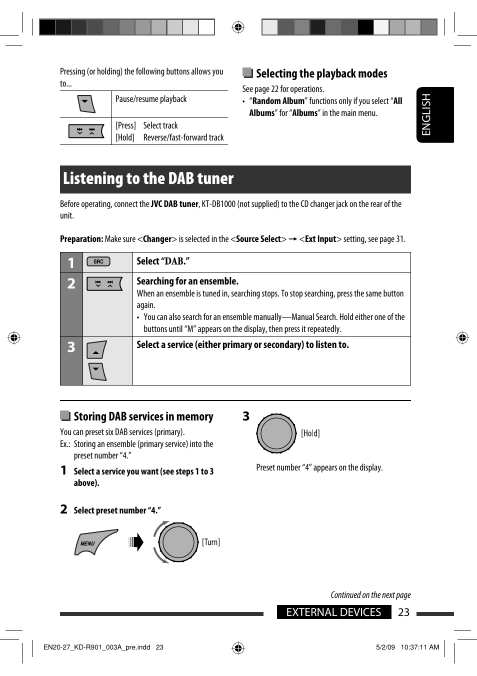 Listening to the dab tuner, Selecting the playback modes | JVC KD-R901 User Manual | Page 23 / 185