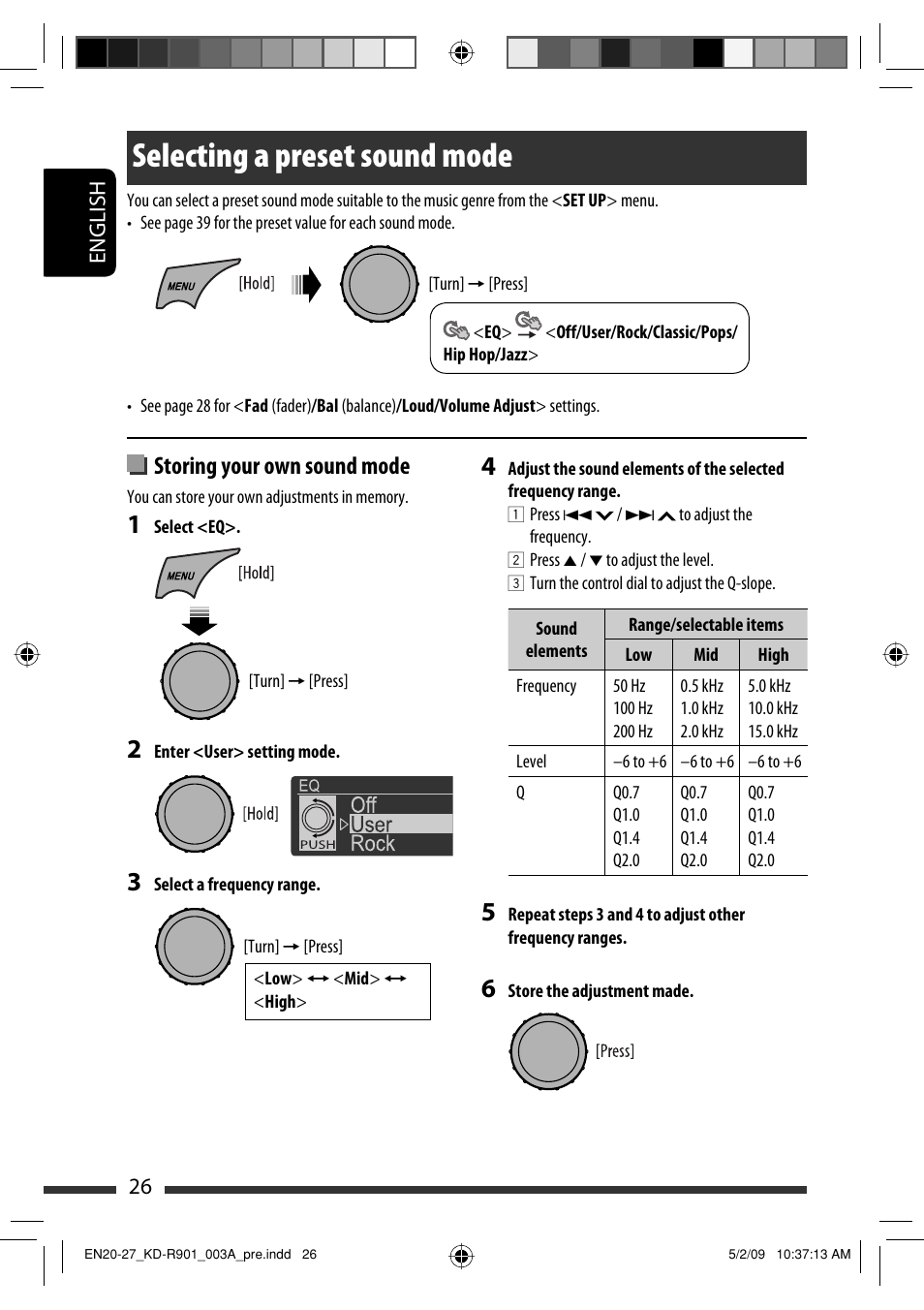 Selecting a preset sound mode, Storing your own sound mode, English 26 | JVC KD-R901 User Manual | Page 26 / 185
