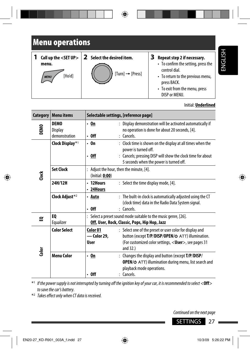 Menu operations, English 27 settings | JVC KD-R901 User Manual | Page 27 / 185