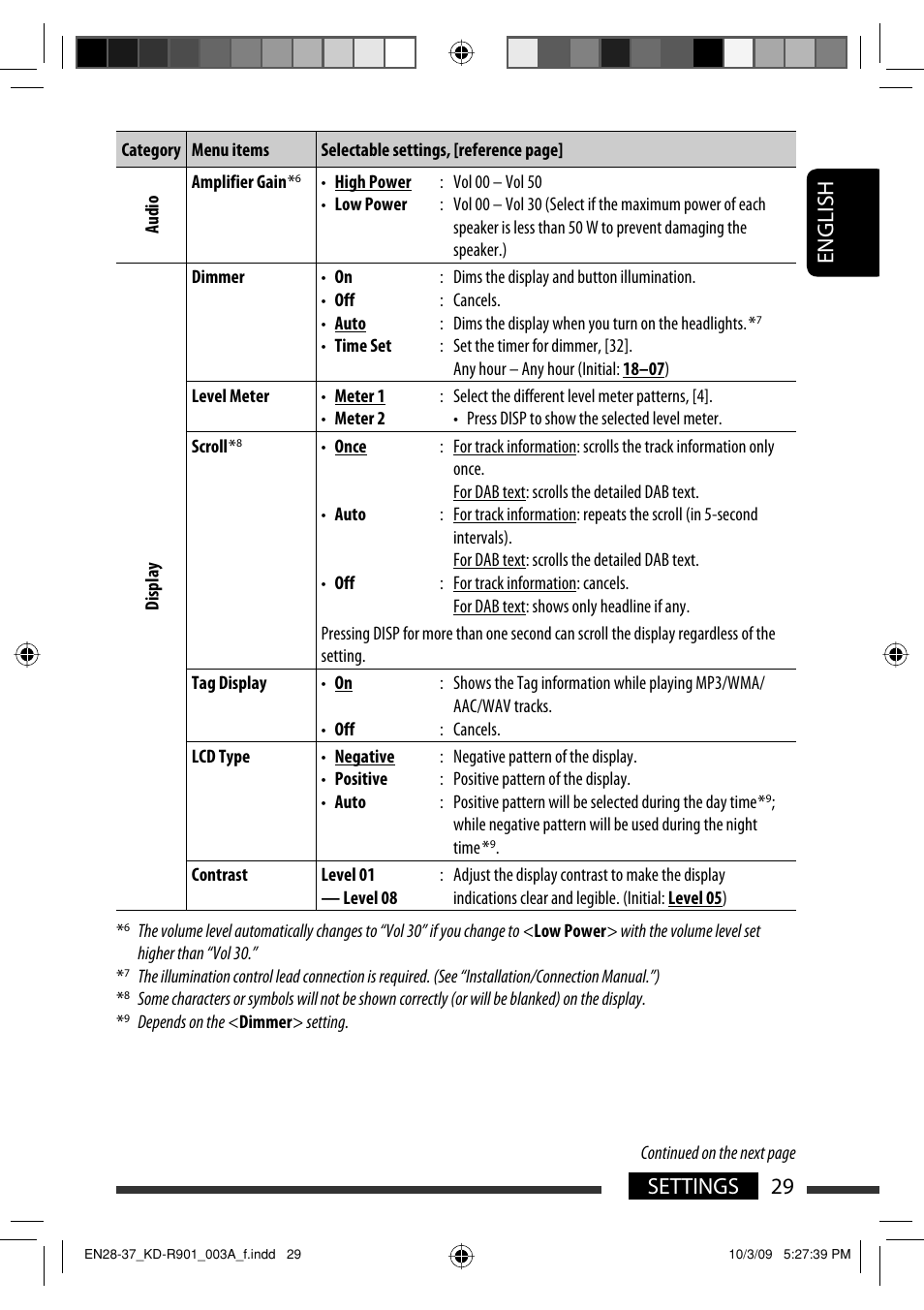 English 29 settings | JVC KD-R901 User Manual | Page 29 / 185