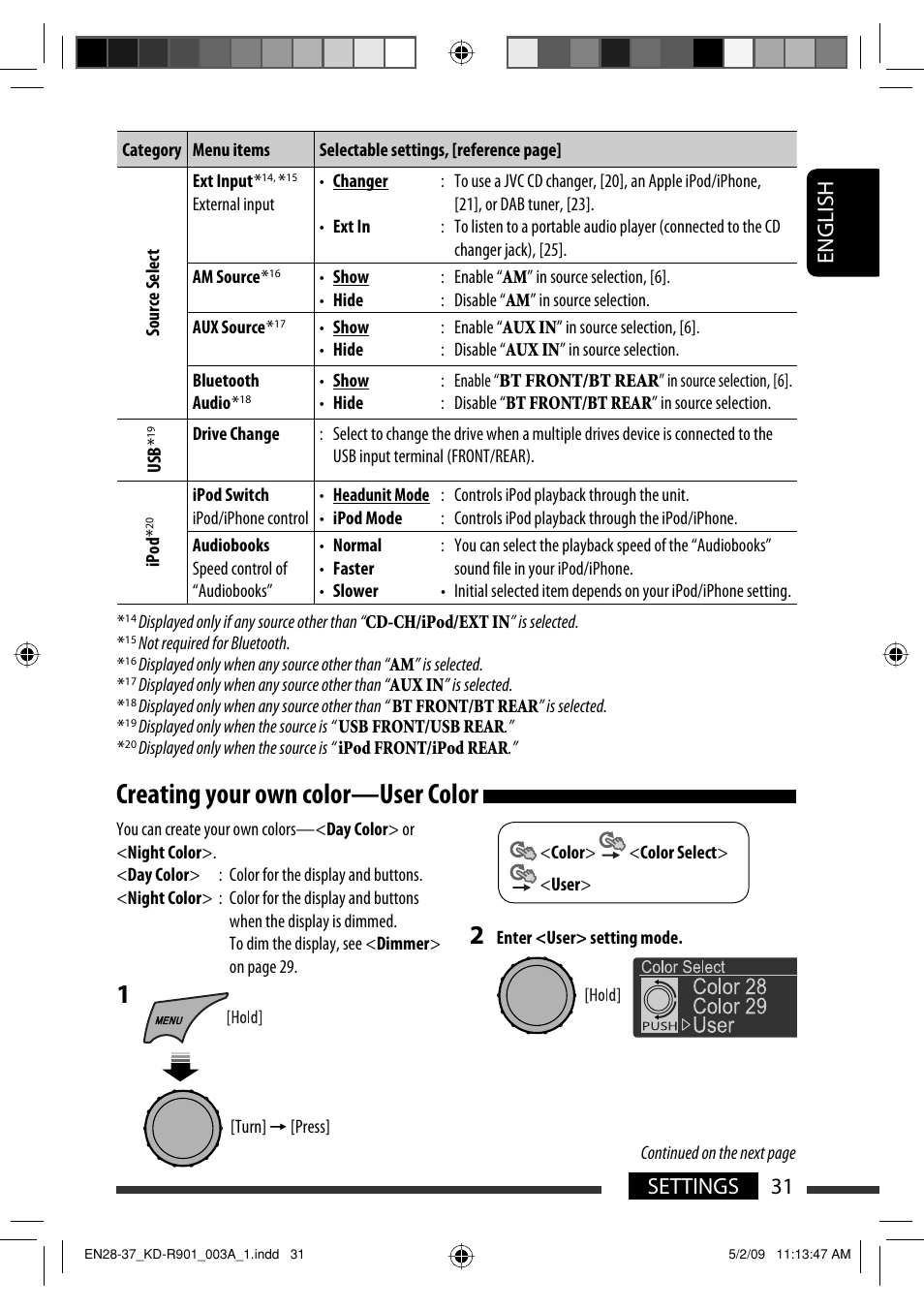 Creating your own color—user color, English 31 settings | JVC KD-R901 User Manual | Page 31 / 185