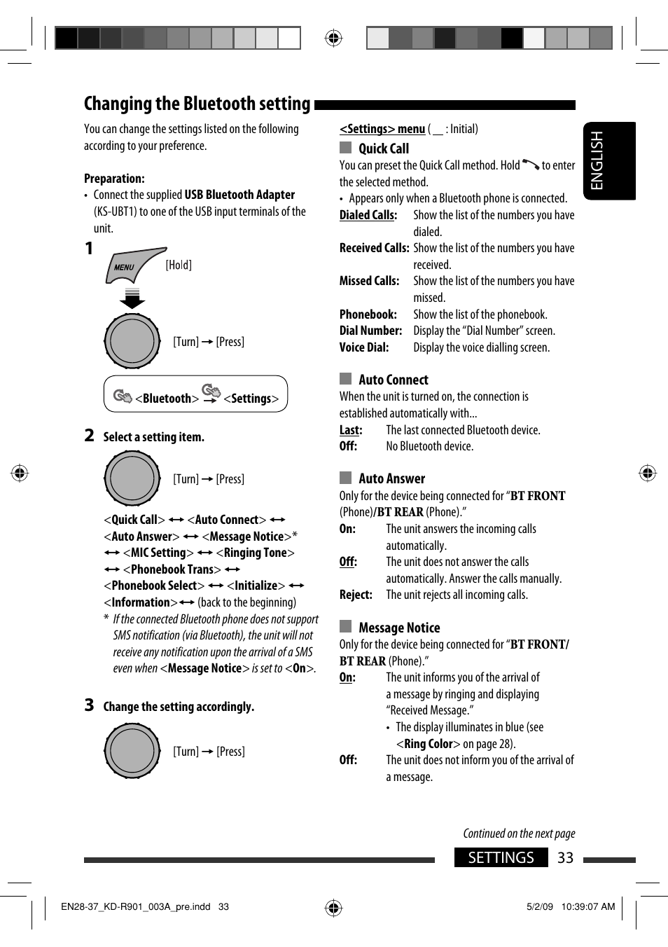 Changing the bluetooth setting, English 33 settings | JVC KD-R901 User Manual | Page 33 / 185